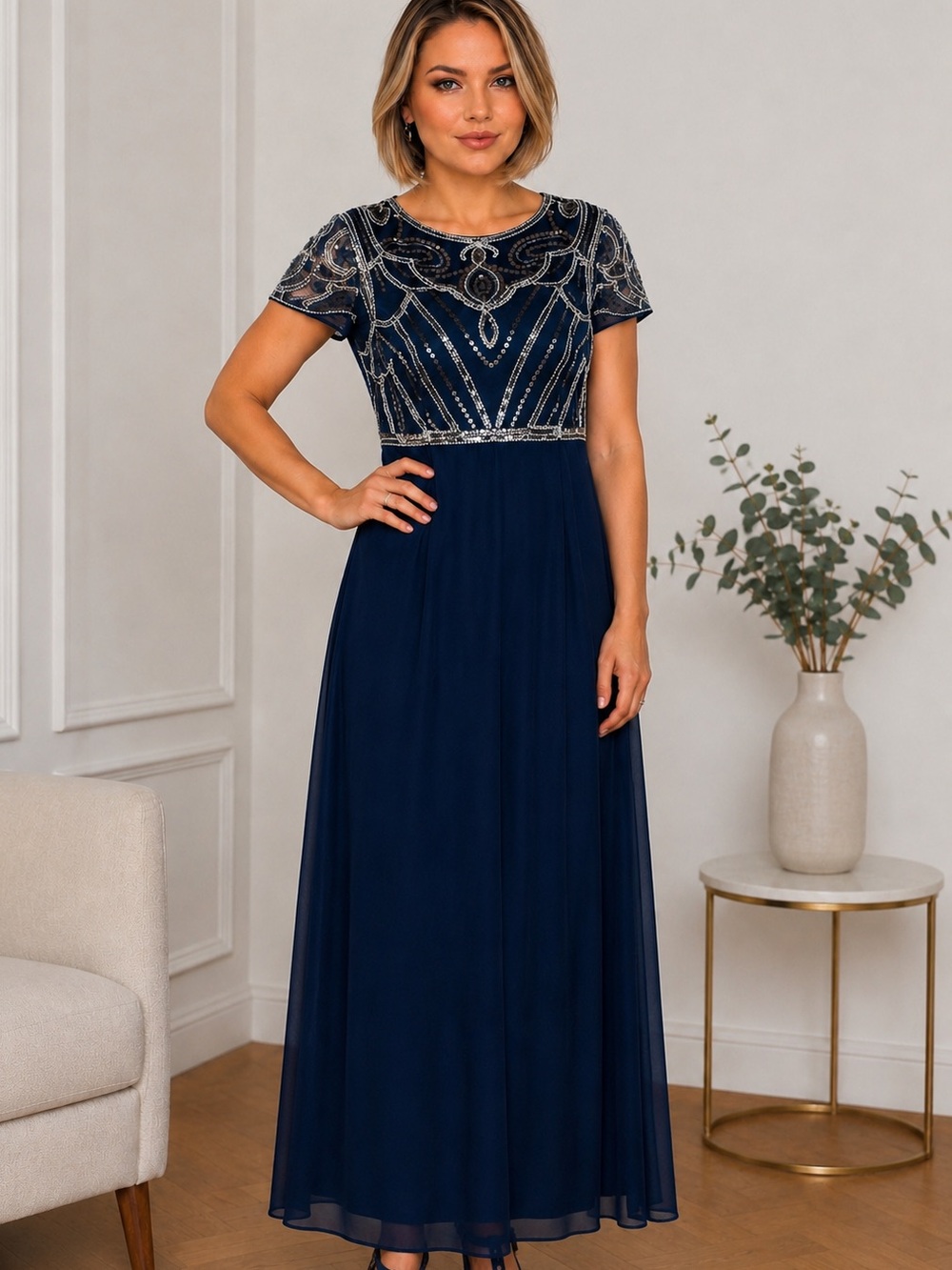 Mother of the Bride Spense Size 12Navy Blue Beaded Formal Evening Dress Wedding
